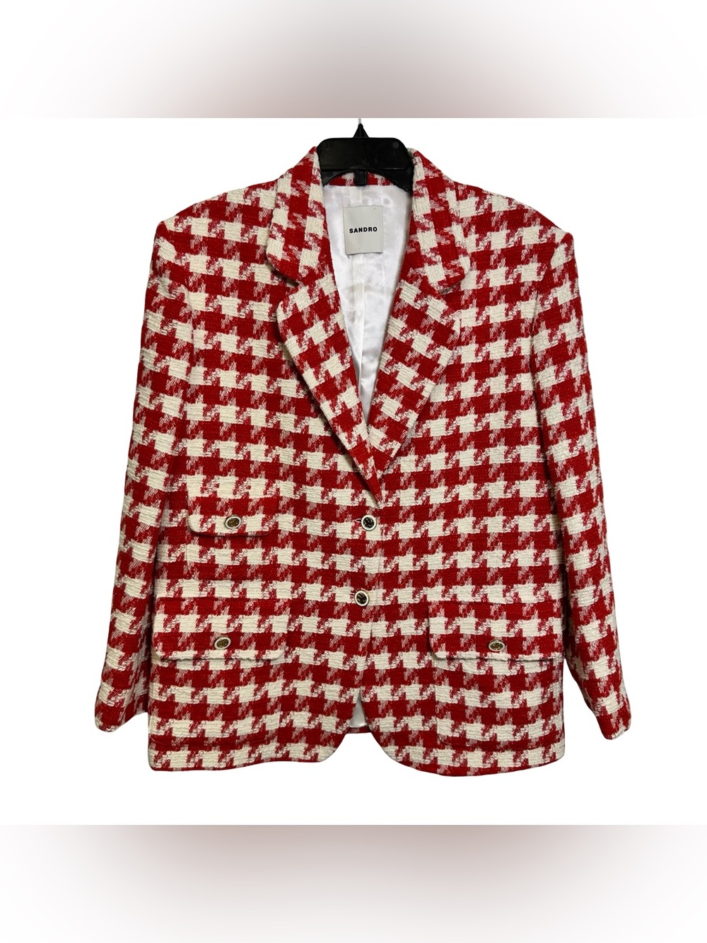 Sandro Red & White Houndstooth Tweed Blazer Jacket sz 40 NWT MSRP $595